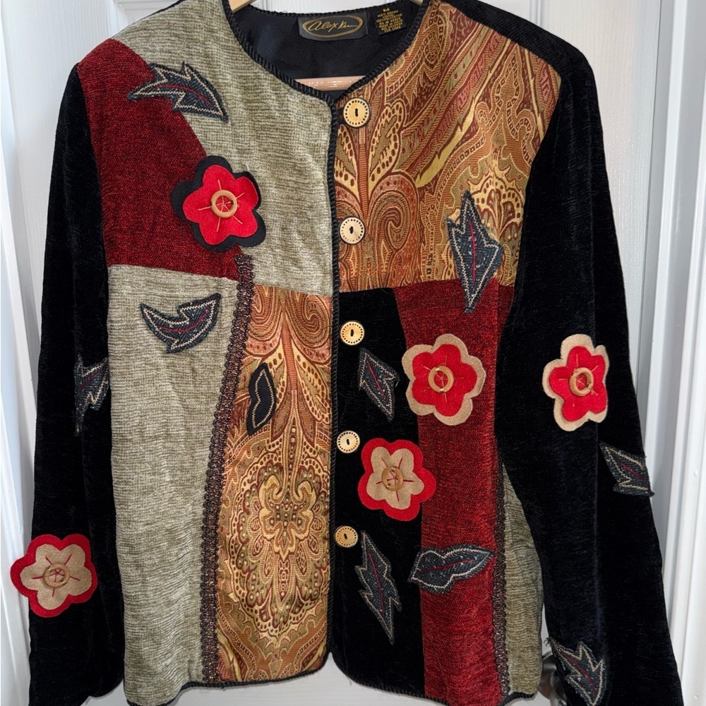 Vintage Alex Kim Patchwork Artsy Jacket M Velour Tapestry Floral Hippie Boho